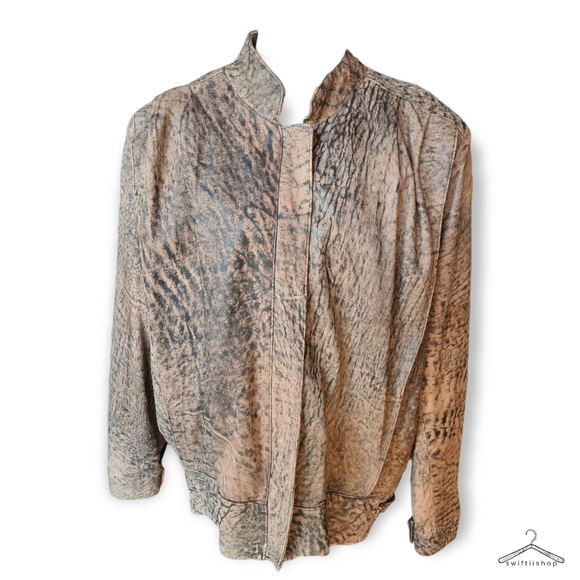 Vintage Jackets & Blazers - VINTAGE 80s Sujari 14 Real Leather Tan Black Patterned Jacket